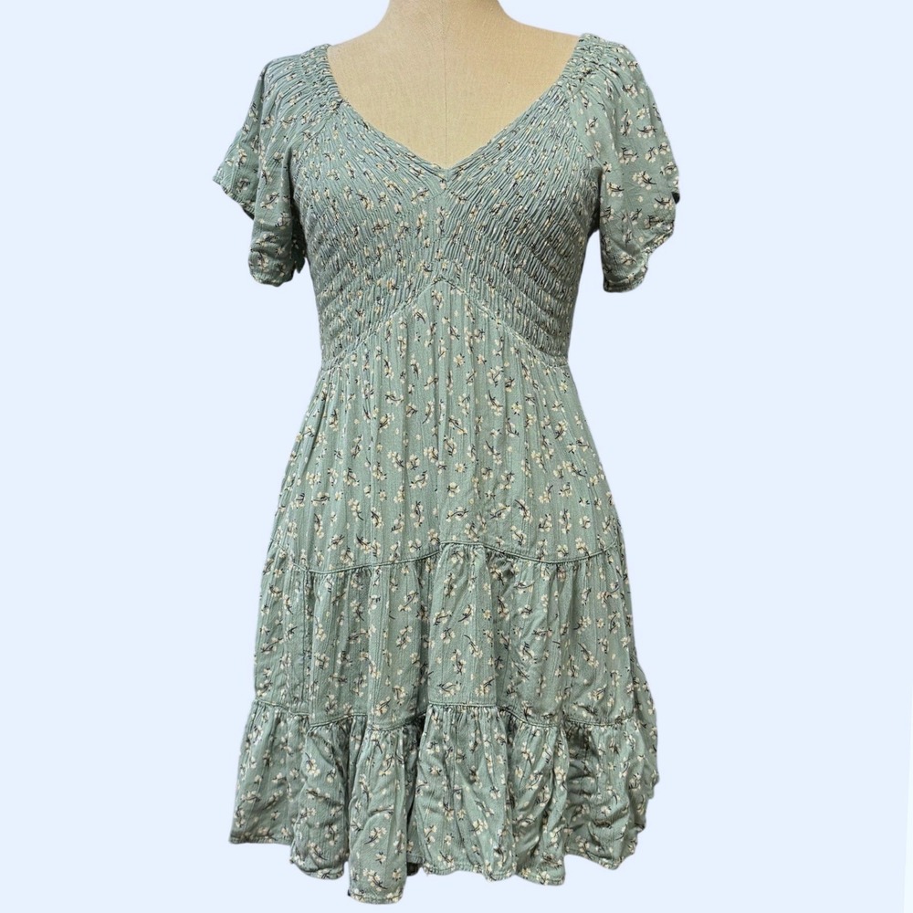 Angie XS Mini Dress Green Floral Cottagecore Boho Smocked Tiered Ruffle Ditzy